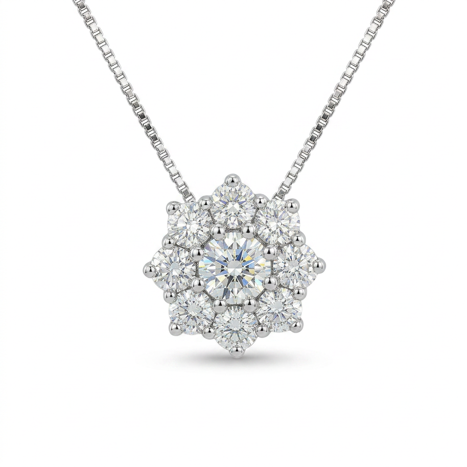 Collana in oro bianco 18 kt con elegante pendente a forma di fiore e diamanti