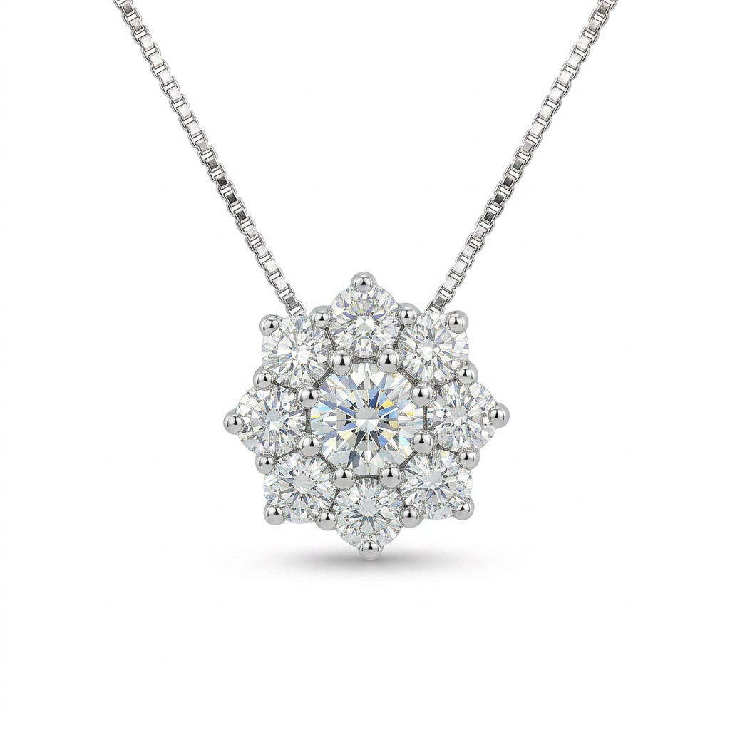 Collana in oro bianco 18 kt con elegante pendente a forma di fiore e diamanti
