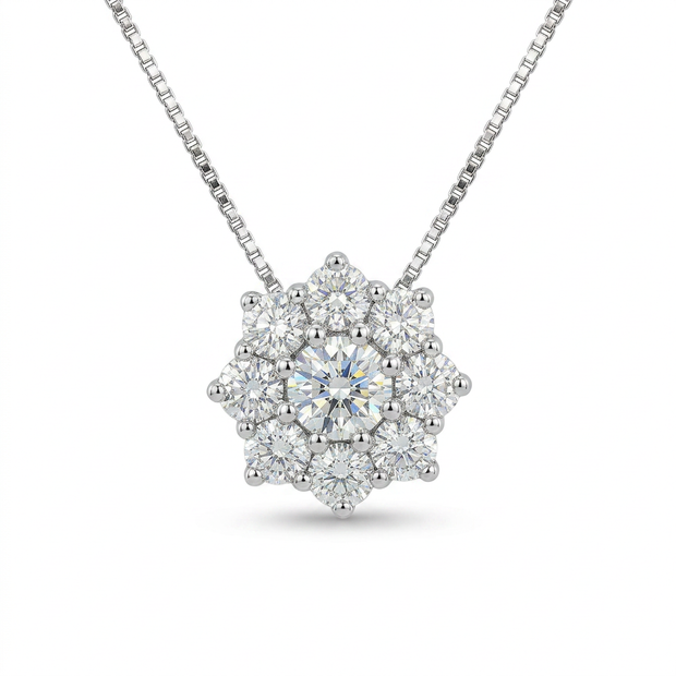 Collana in oro bianco 18 kt con elegante pendente a forma di fiore e diamanti