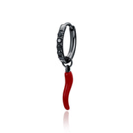 Orecchino singolo a cerchio con cristalli neri e charm cornetto rosso