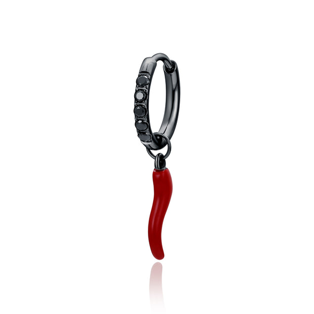 Orecchino singolo a cerchio con cristalli neri e charm cornetto rosso