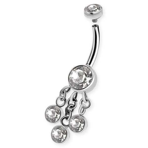 Gioiello da ombelico decorata da 3 piccoli cristalli pendenti