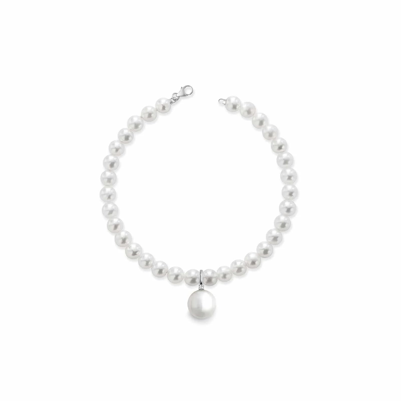 Bracciale con perle coltivate d'acqua dolce, chiusura e pendente in oro bianco 18kt e diamante