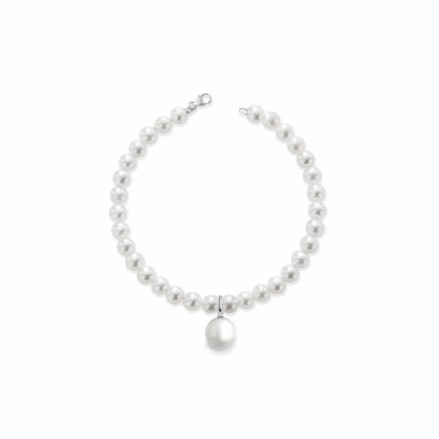 Bracciale con perle coltivate d'acqua dolce, chiusura e pendente in oro bianco 18kt e diamante