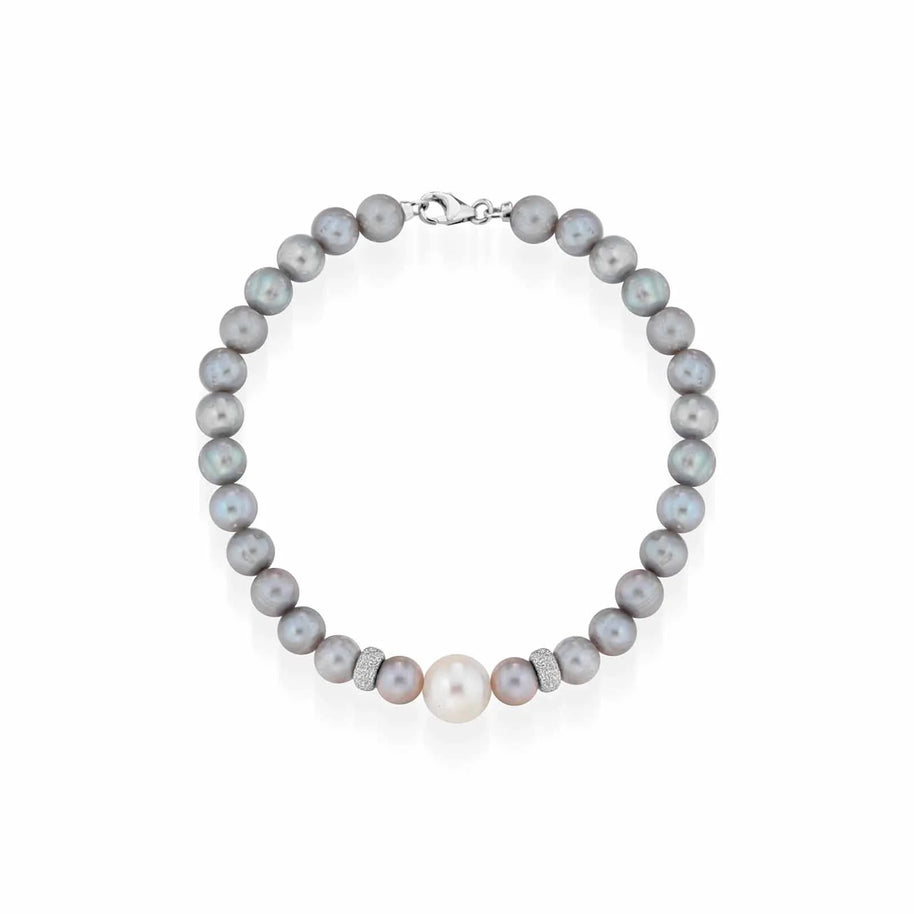 Bracciale con perle coltivate d'acqua dolce grigie ed elementi e chiusura in oro bianco 18kt