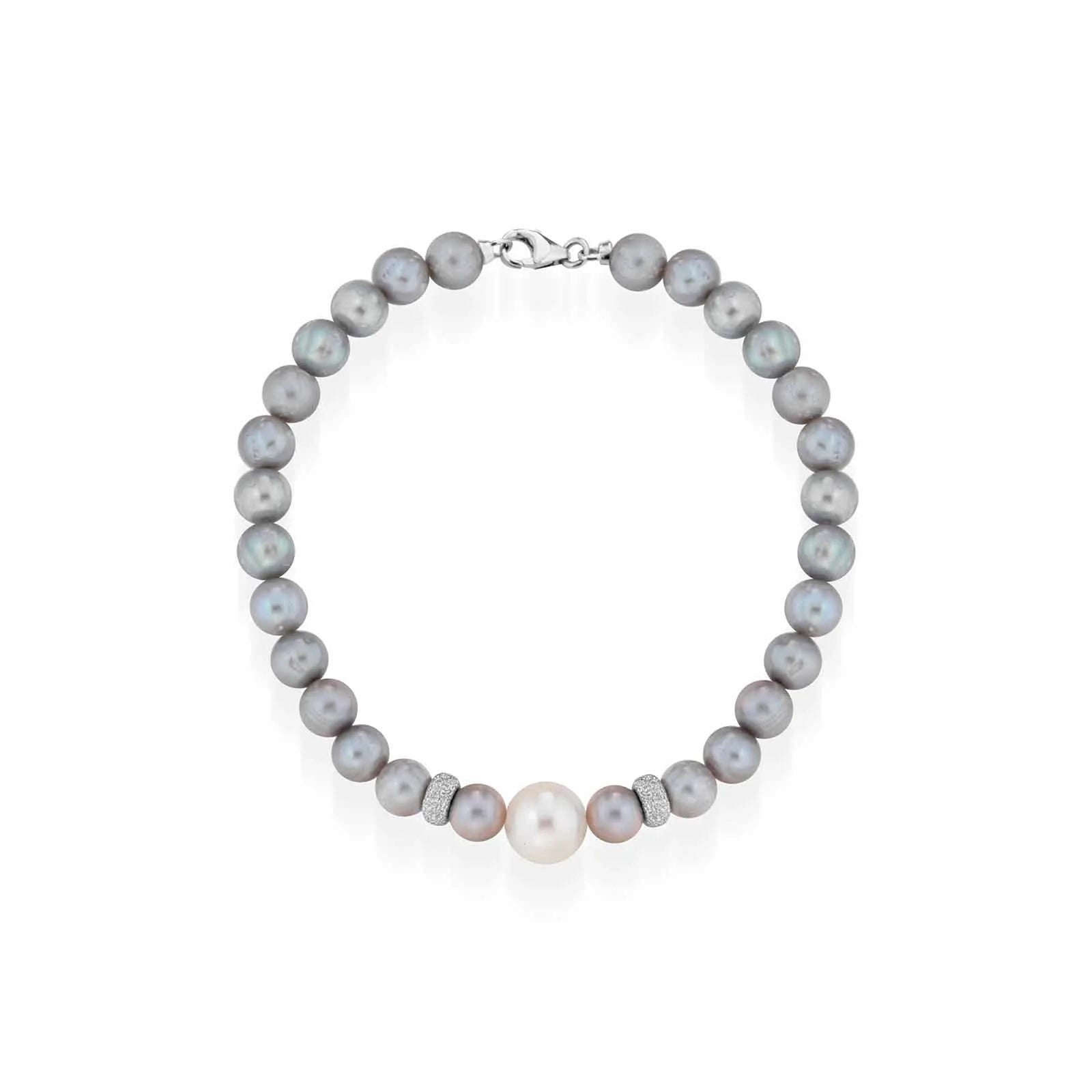 Bracciale con perle coltivate d'acqua dolce grigie ed elementi e chiusura in oro bianco 18kt