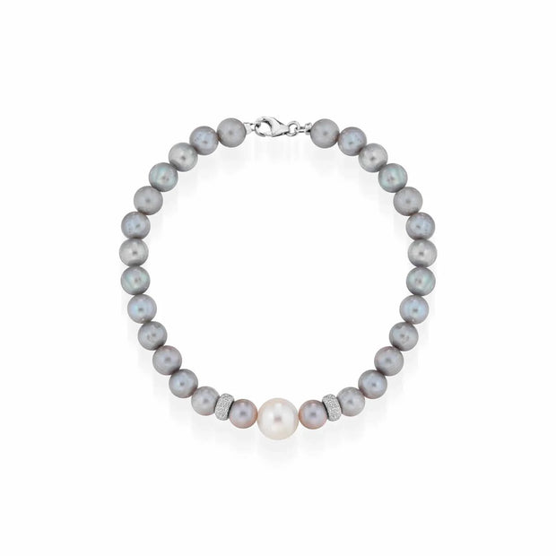Bracciale con perle coltivate d'acqua dolce grigie ed elementi e chiusura in oro bianco 18kt