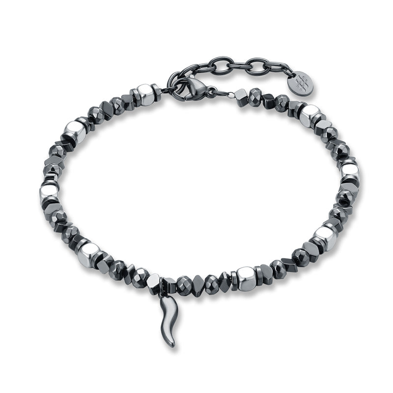 Bracciale uomo in acciaio ed ematite con cornetto pvd nero