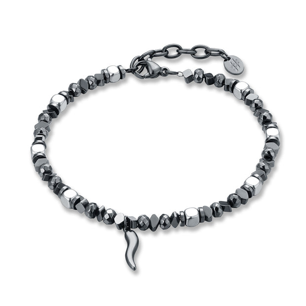 Bracciale uomo in acciaio ed ematite con cornetto pvd nero