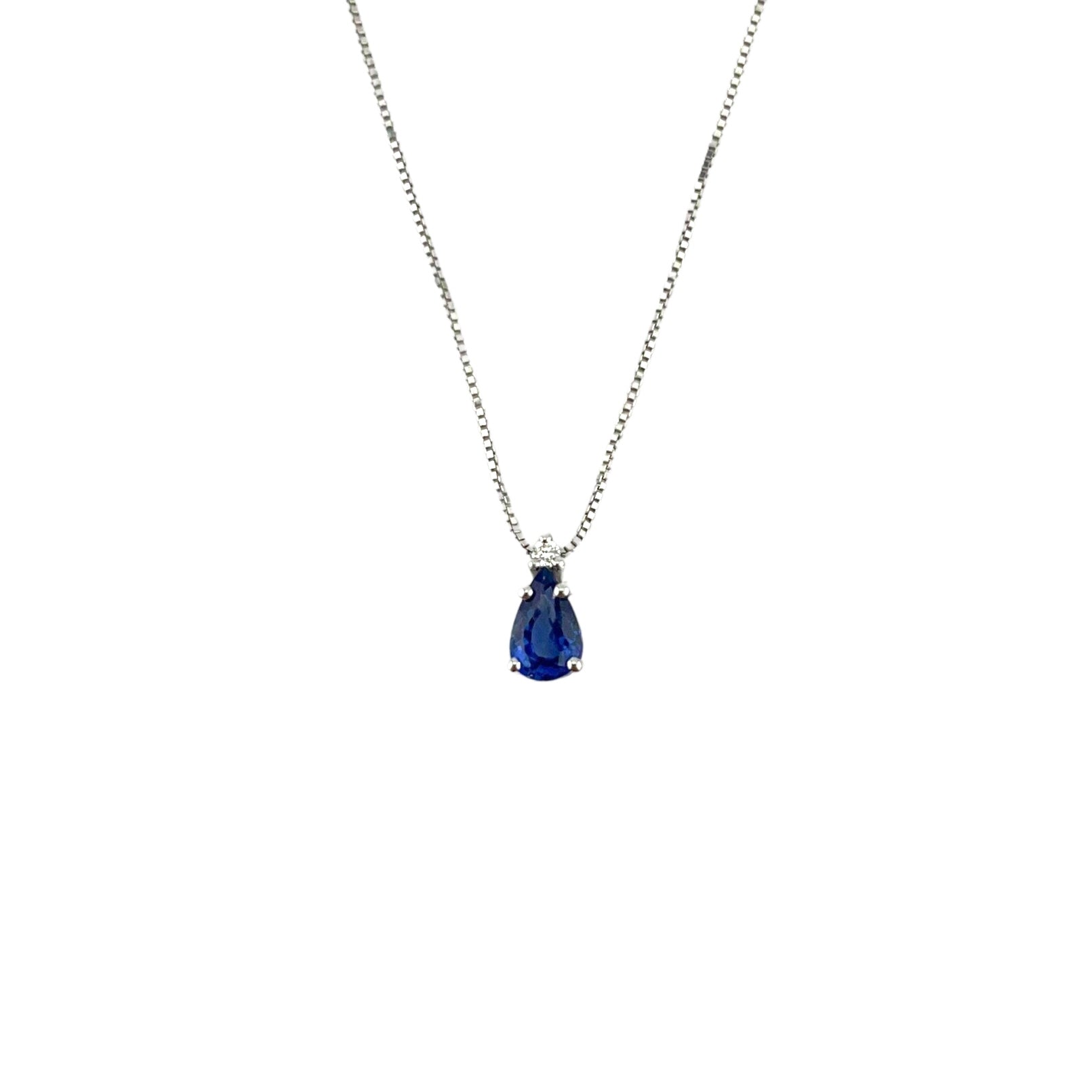 Collana in oro bianco 18 kt con zaffiro a goccia e diamante