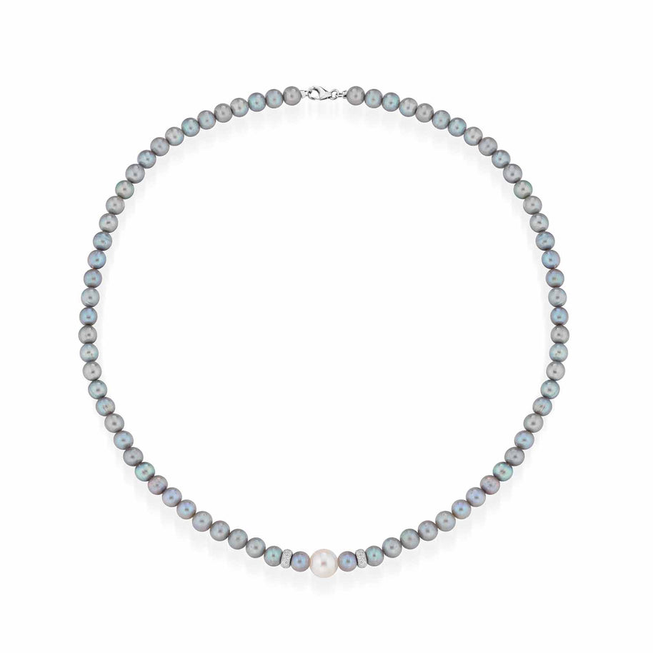 Collana con perle coltivate d'acqua dolce grigie ed elementi e chiusura in oro bianco 18kt
