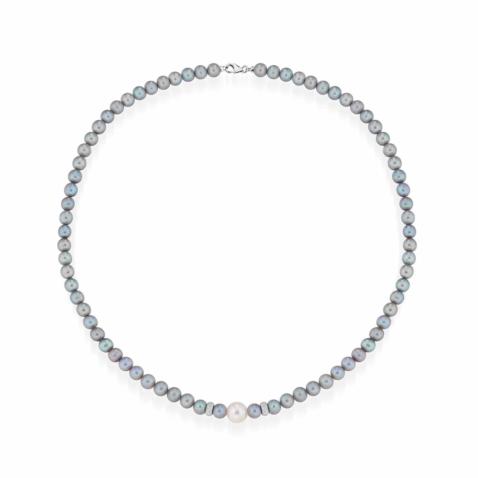 Collana con perle coltivate d'acqua dolce grigie ed elementi e chiusura in oro bianco 18kt