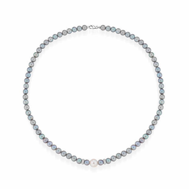 Collana con perle coltivate d'acqua dolce grigie ed elementi e chiusura in oro bianco 18kt