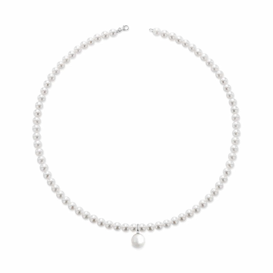 Collana con perle coltivate d'acqua dolce, chiusura e pendente in oro bianco 18kt e diamante