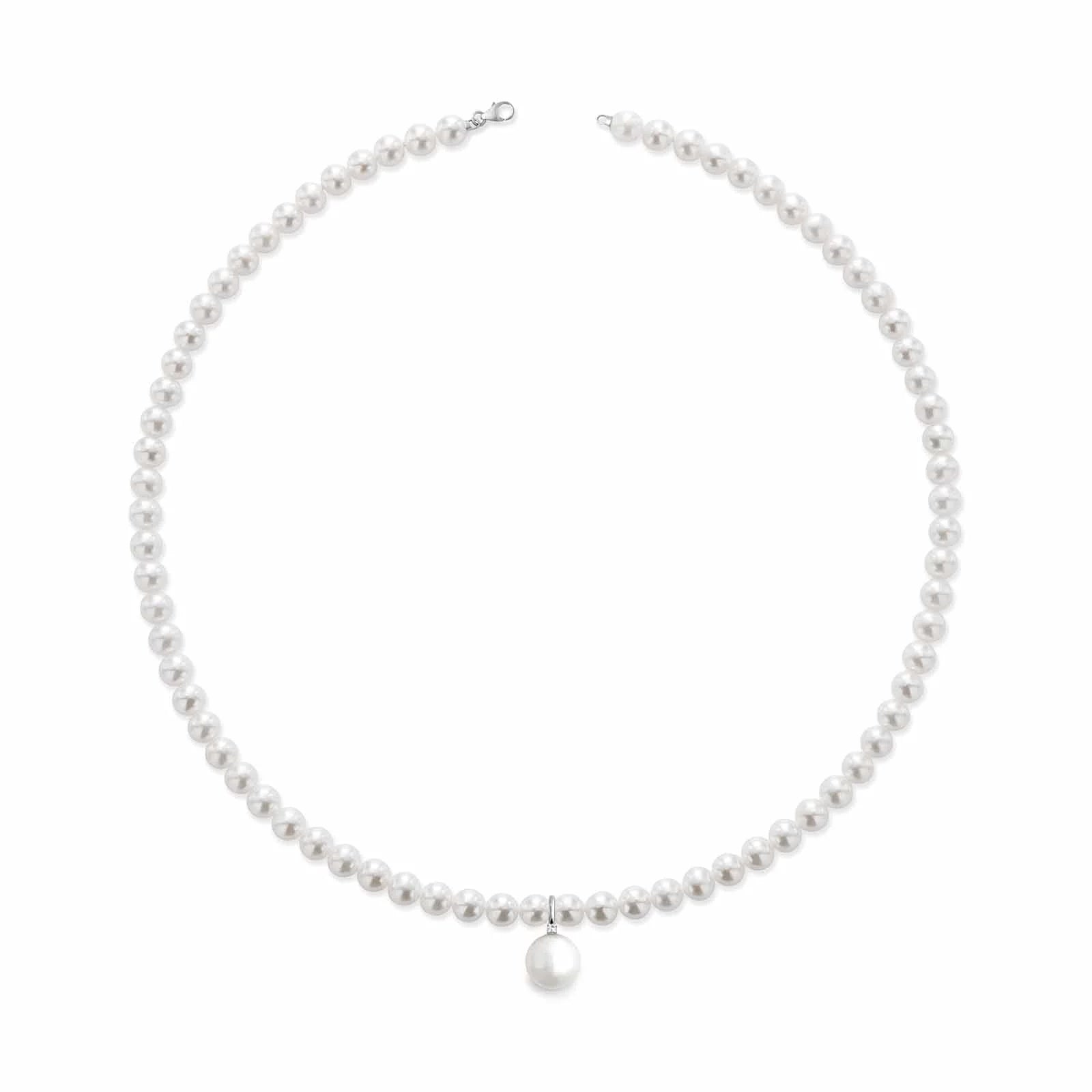 Collana con perle coltivate d'acqua dolce, chiusura e pendente in oro bianco 18kt e diamante
