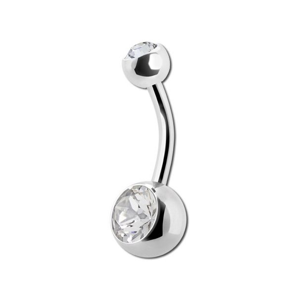 Piercing per ombelico realizzato in acciaio con due cristalli