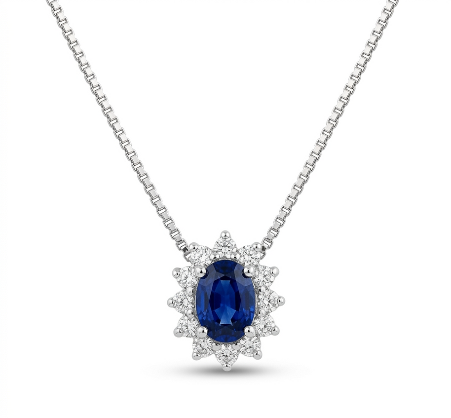 Collana in oro bianco 18 kt con zaffiro blu scuro dal taglio ovale e diamanti