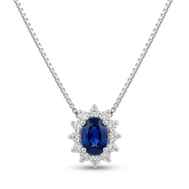 Collana in oro bianco 18 kt con zaffiro blu scuro dal taglio ovale e diamanti
