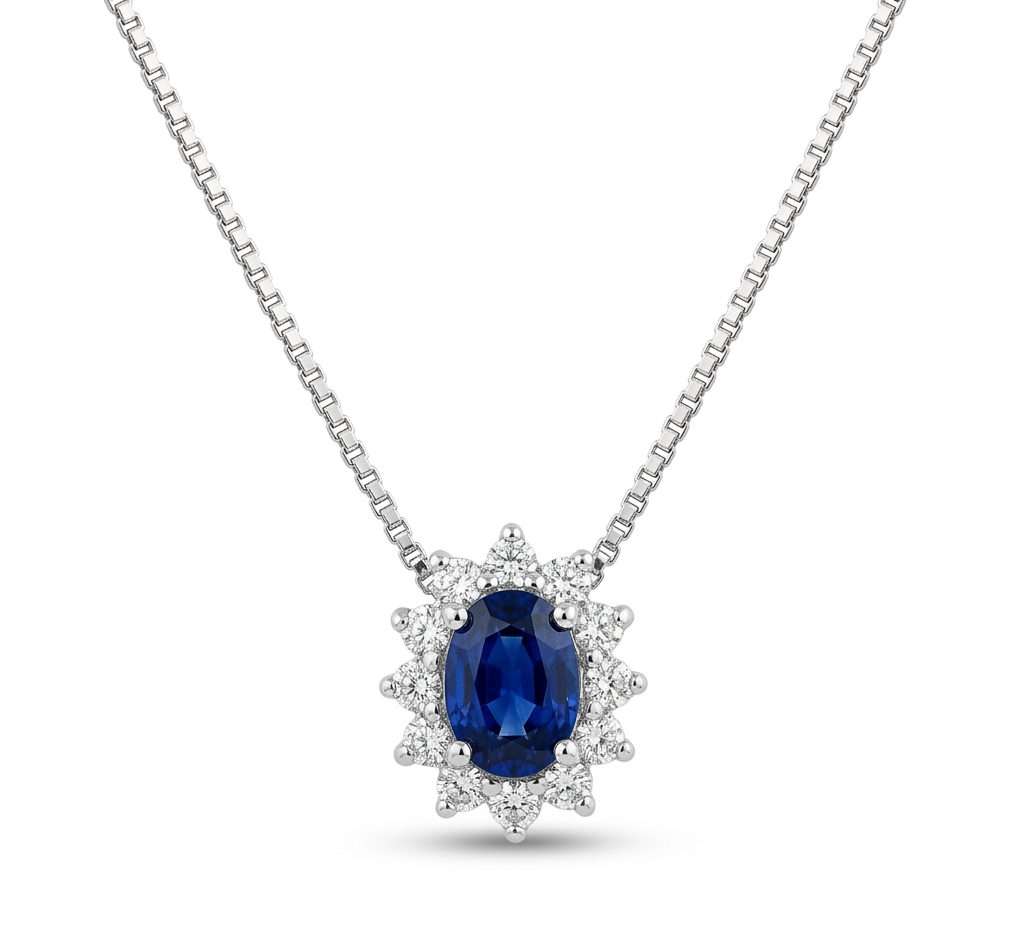 Collana in oro bianco 18 kt con zaffiro blu scuro dal taglio ovale e diamanti