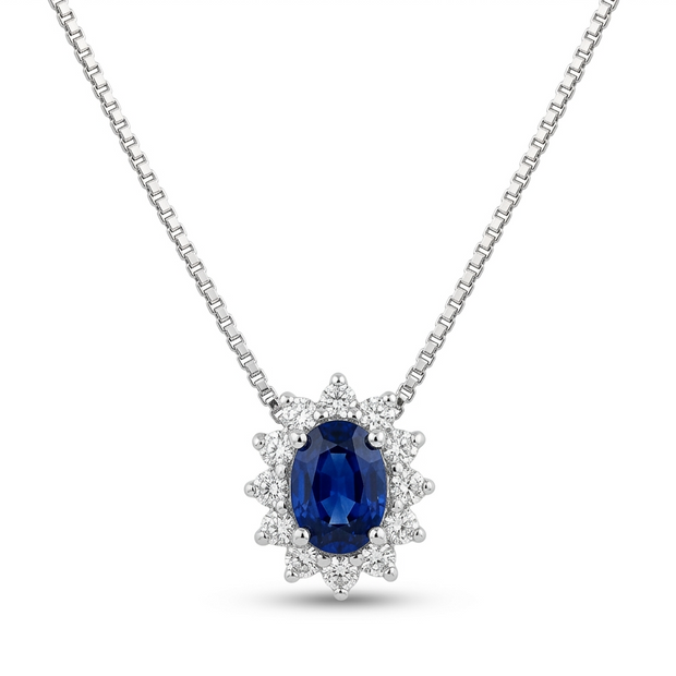 Collana in oro bianco 18 kt con zaffiro blu scuro dal taglio ovale e diamanti