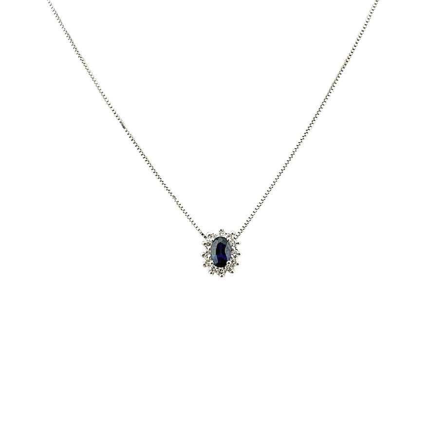 Collana in oro bianco 18 kt con zaffiro blu scuro dal taglio ovale e diamanti