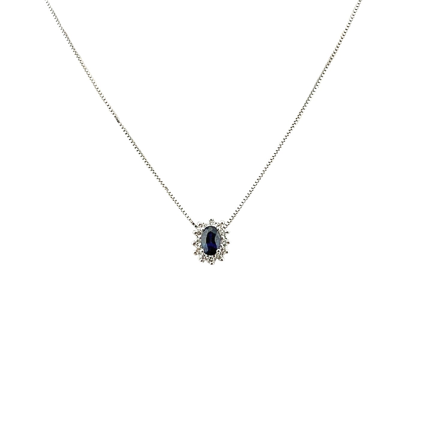 Collana in oro bianco 18 kt con zaffiro blu scuro dal taglio ovale e diamanti