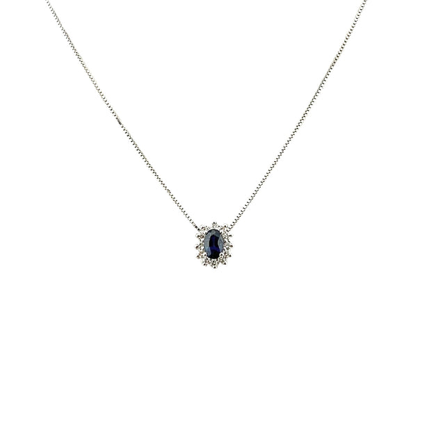 Collana in oro bianco 18 kt con zaffiro blu scuro dal taglio ovale e diamanti